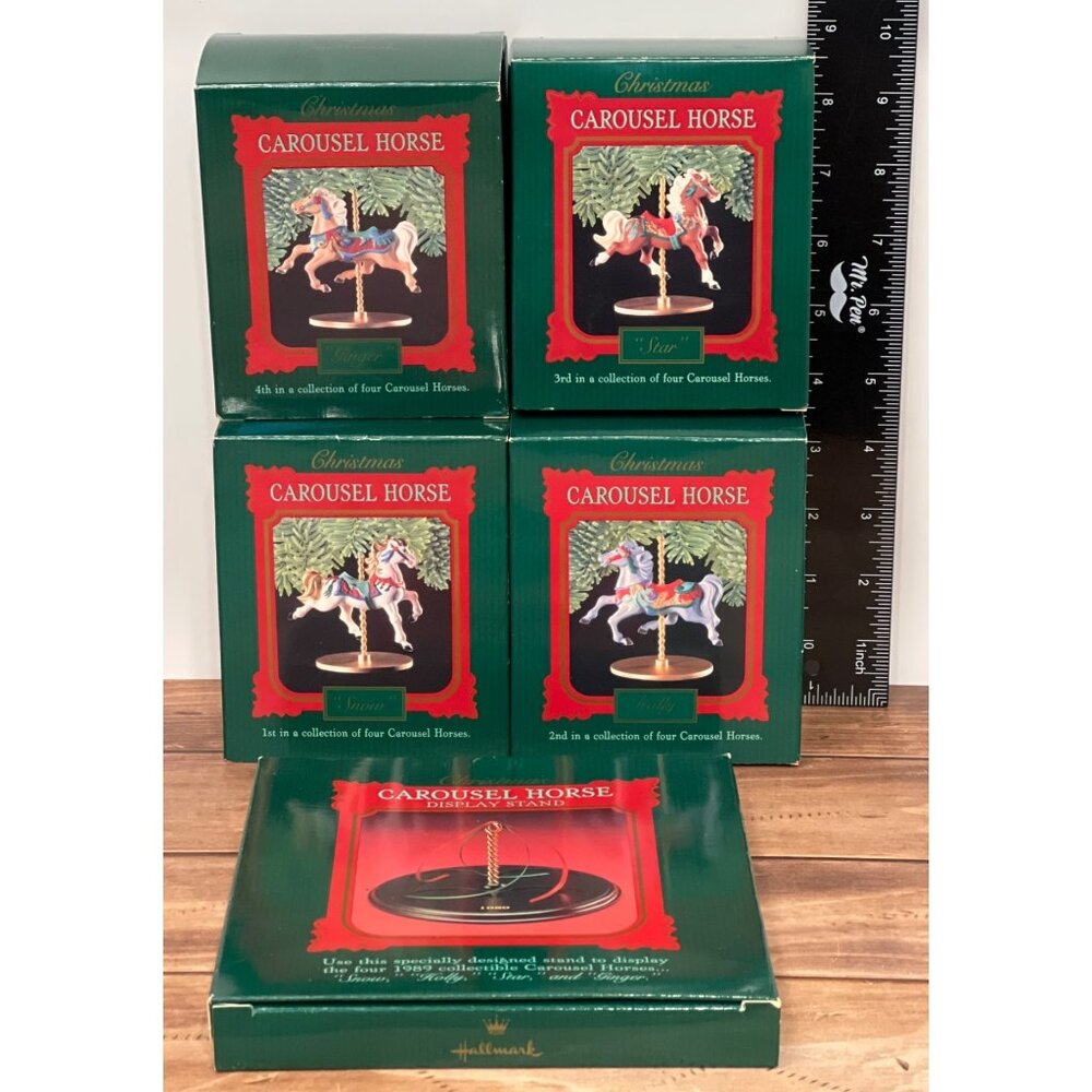 NIP Hallmark 1989 Carousel Horse Ornament Collection OF 4 WITH DISPLAY STAND